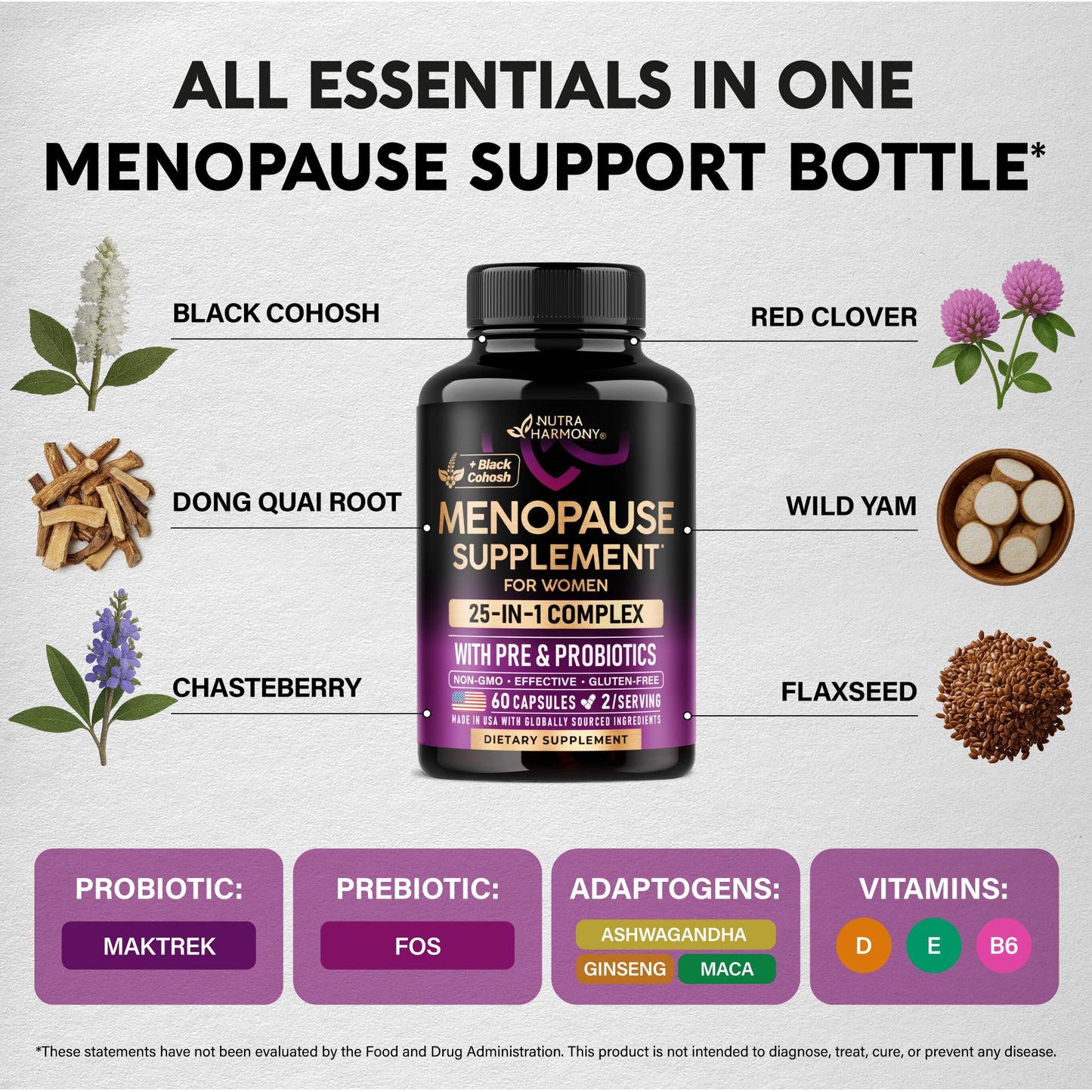 Menopause Supplements for Women - Dong Quai, Black Cohosh, Pre & Probiotics - Sweats & Hot Flashes Relief - Digestion, Sleep & Mood Support - 25-in-1 Perimenopause Complex - Maple Wellness Supplements