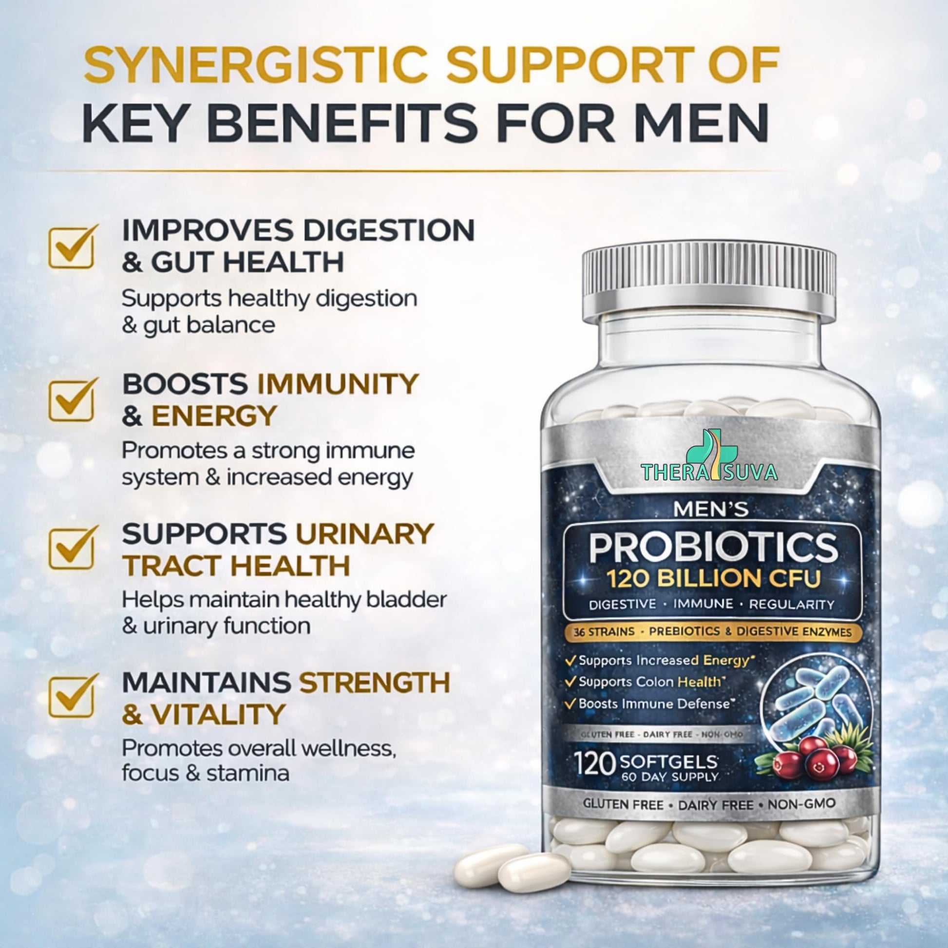 Men’s Advanced Probiotics 120 Billion CFU - 36 Strains + Prebiotics, Enzymes & Veggie Blend for Gut, Immune & Colon Health - 2 Month Supply, 120 Softgels - Maple Wellness Supplements