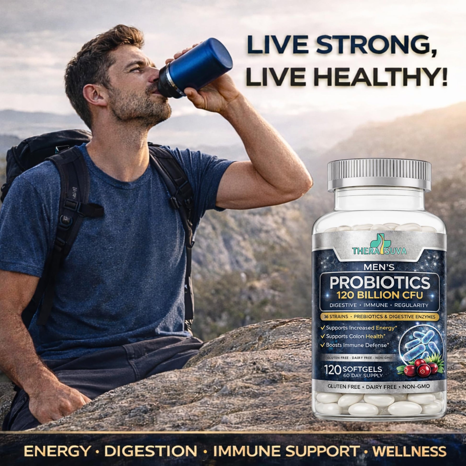 Men’s Advanced Probiotics 120 Billion CFU - 36 Strains + Prebiotics, Enzymes & Veggie Blend for Gut, Immune & Colon Health - 2 Month Supply, 120 Softgels - Maple Wellness Supplements