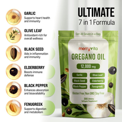 MERRY VITA Oil of Oregano with Black Seed Oil– Oregano Oil Capsules Organic, High Carvacrol – Aceite de Orégano Cápsulas, Immune Support Supplement – Non-GMO - 300 Softgels - Maple Wellness Supplements