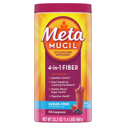 Metamucil, 4-in-1 Fiber Supplement, Psyllium Husk Powder, Sugar-Free Powder, Berry Flavored Drink, 114 Servings - Maple Wellness Supplements