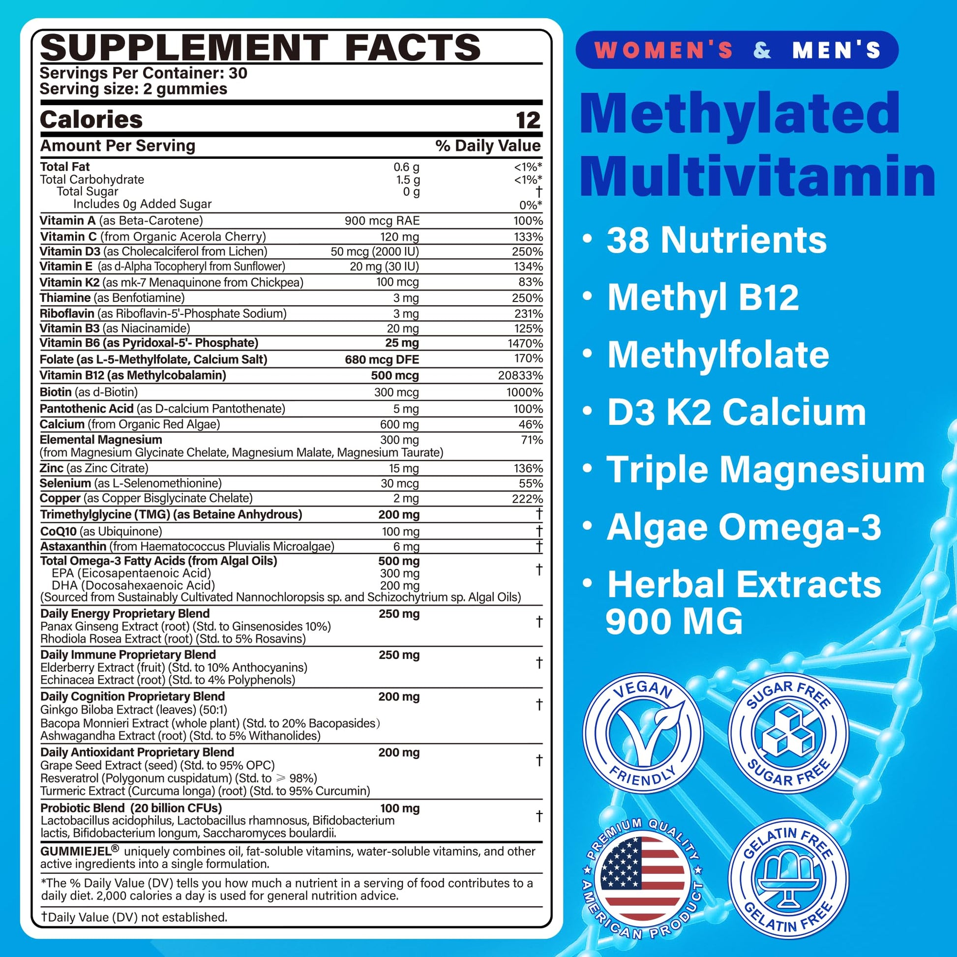 Methylated Multivitamin for Women & Men Gummies w/ Omega-3, Calcium, D3 K2, Methylfolate & B12, TMG, Daily Vitamins, Mag, CoQ10, Probiotic for 18 30 40 50 60 70+, Overall Health - Vegan, Sugar Free - Maple Wellness Supplements