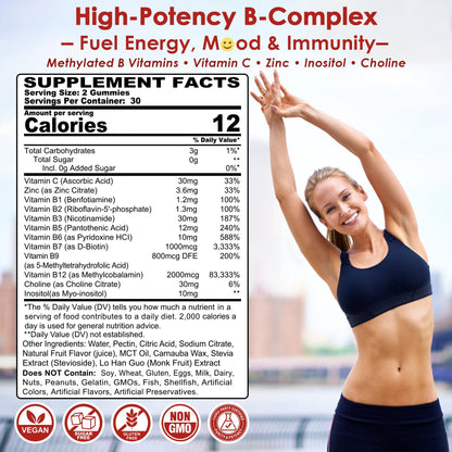 Methylated Vitamin B Complex Gummies 2 Pack, Methyl B12 & Folate with B1, B2, B3, B5, Biotin | Vitamin C, Zinc, Choline & Inositol – B Complex Supplement for Energy - Maple Wellness Supplements