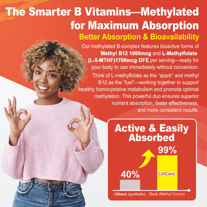Methylated Vitamin B Complex Gummies for Women & Men - 12-in-1 Multivitamin with 1000 mcg Methyl B12, 1700 mcg Methylfolate, 2000 mcg Biotin, Inositol for Energy - Maple Wellness Supplements