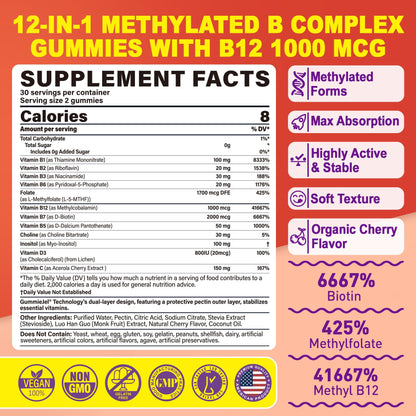 Methylated Vitamin B Complex Gummies for Women & Men - 12-in-1 Multivitamin with 1000 mcg Methyl B12, 1700 mcg Methylfolate, 2000 mcg Biotin, Inositol for Energy - Maple Wellness Supplements