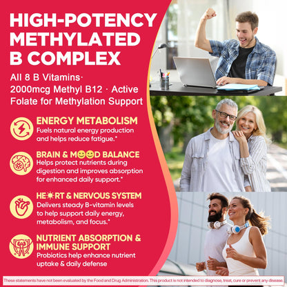 Methylated Vitamin B Complex Gummies for Women & Men, High Dose 2000 mcg Methyl B12, Liposomal Super All B Vitamins Methylfolate, B1, B2, B3, B5, B6, B7, Vitamin C, - Maple Wellness Supplements