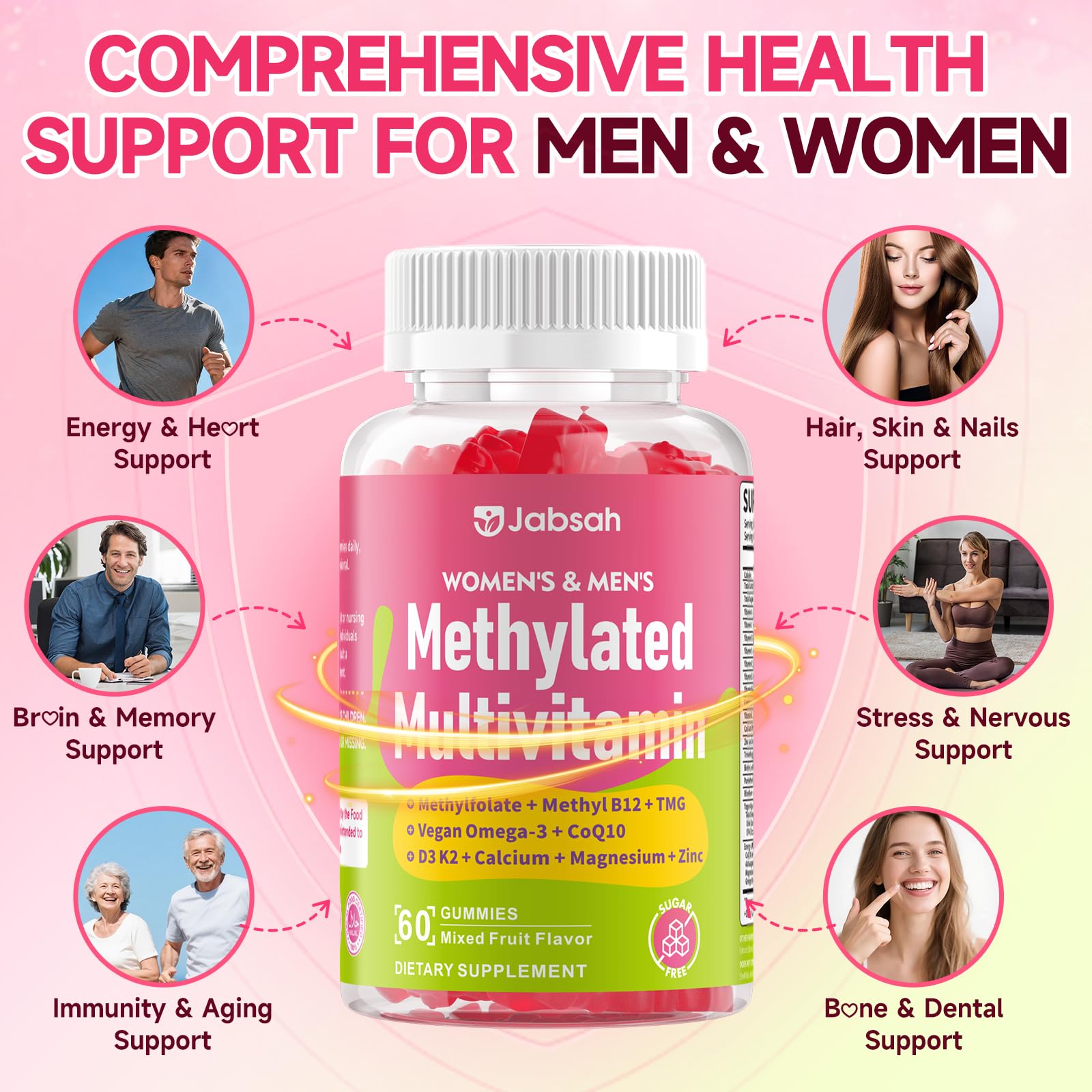 Methylated Vitamin B Complex Gummies for Women & Men, Multivitanins Gummy with Vitamin A, C ,E, Methylfolate & B12, TMG, Calcium, D3 K2 - Maple Wellness Supplements