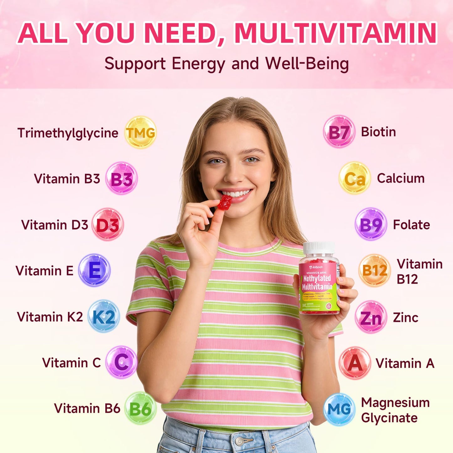 Methylated Vitamin B Complex Gummies for Women & Men, Multivitanins Gummy with Vitamin A, C ,E, Methylfolate & B12, TMG, Calcium, D3 K2 - Maple Wellness Supplements