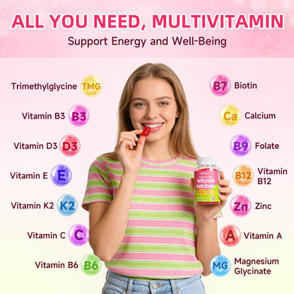 Methylated Vitamin B Complex Gummies for Women & Men, Multivitanins Gummy with Vitamin A, C ,E, Methylfolate & B12, TMG, Calcium, D3 K2 - Maple Wellness Supplements