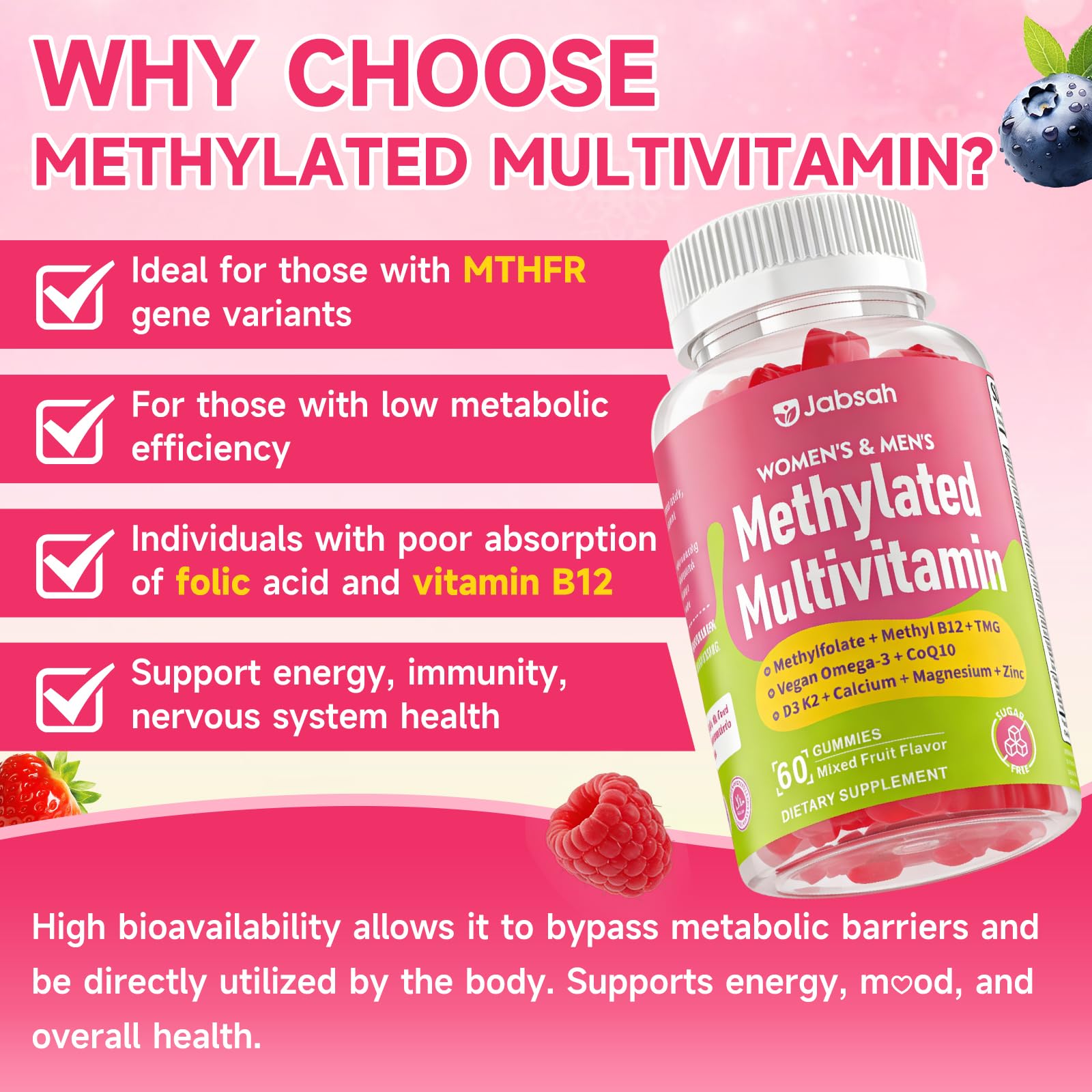 Methylated Vitamin B Complex Gummies for Women & Men, Multivitanins Gummy with Vitamin A, C ,E, Methylfolate & B12, TMG, Calcium, D3 K2 - Maple Wellness Supplements