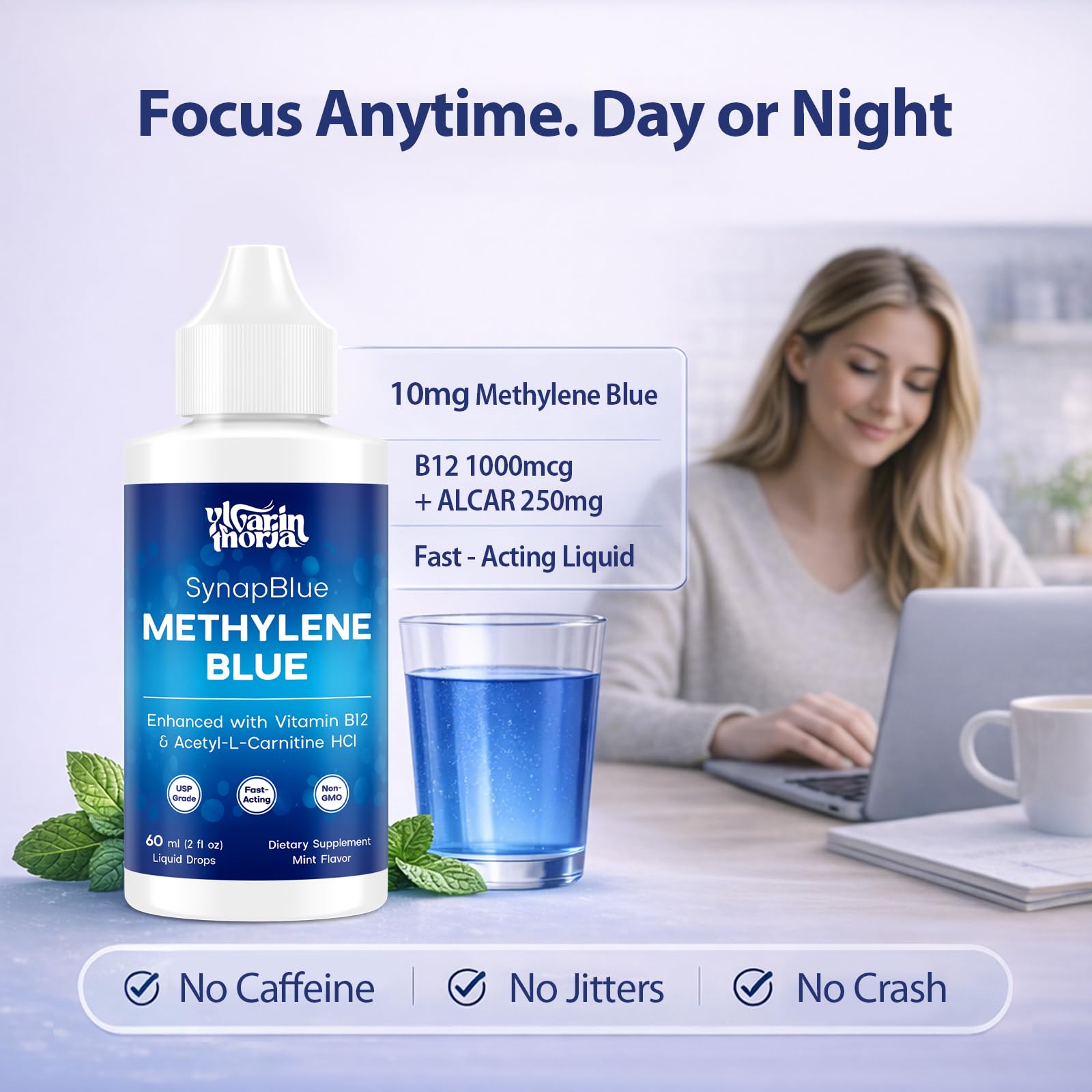 Methylene Blue Drops for Humans, 1% USP Grade – Dropper-Free No-Touch Bottle, Brain Supplement for Memory and Focus – Fast-Acting Nootropic with Methyl B12 & ALCAR – Caffeine-Free, Mint Flavor, 2oz - Maple Wellness Supplements