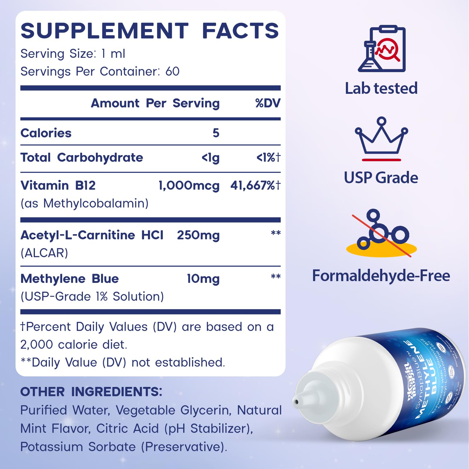 Methylene Blue Drops for Humans, 1% USP Grade – Dropper-Free No-Touch Bottle, Brain Supplement for Memory and Focus – Fast-Acting Nootropic with Methyl B12 & ALCAR – Caffeine-Free, Mint Flavor, 2oz - Maple Wellness Supplements