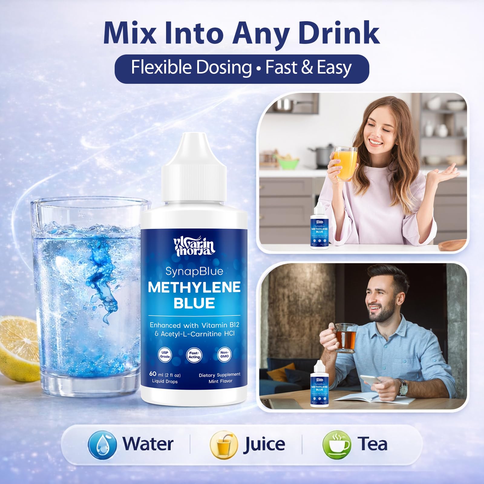 Methylene Blue Drops for Humans, 1% USP Grade – Dropper-Free No-Touch Bottle, Brain Supplement for Memory and Focus – Fast-Acting Nootropic with Methyl B12 & ALCAR – Caffeine-Free, Mint Flavor, 2oz - Maple Wellness Supplements
