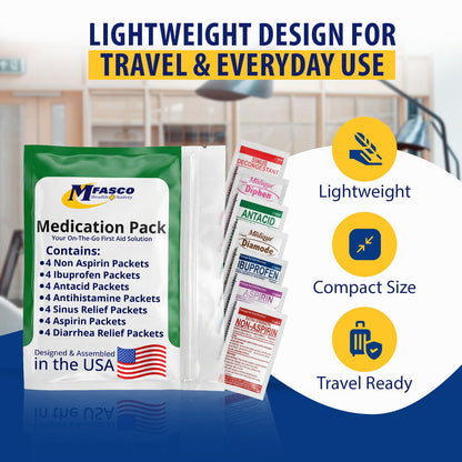 MFASCO - 7 in 1 - Travel Size Medicine Kit - TSA Approved | 28 First Aid Emergency OTC Medicine Packets for Cruise & International Travel | Compact Med Refill for Traveling & Office Assembled in USA - Maple Wellness Supplements