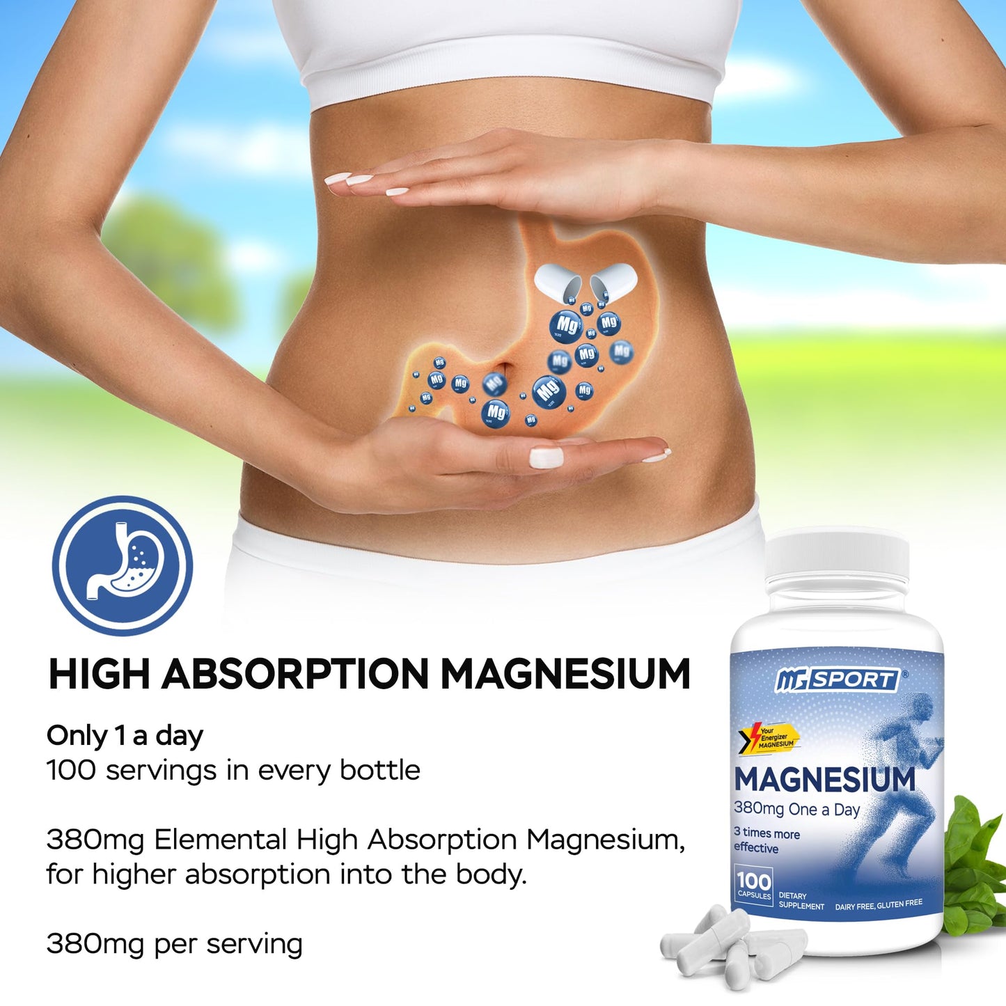 MGSPORT Magnesium Supplement 380mg - High Absorption Magnesium Complex Formula with Vitamins B6, D, E - Supports Muscle Function and Sleep Quality - 100 Servings - Maple Wellness Supplements