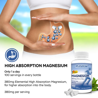 MGSPORT Magnesium Supplement 380mg - High Absorption Magnesium Complex Formula with Vitamins B6, D, E - Supports Muscle Function and Sleep Quality - 100 Servings - Maple Wellness Supplements