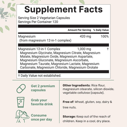 Micro Ingredients 12‑in‑1 Magnesium Complex 1000 mg, 240 Capsules – Magnesium Glycinate, Citrate, Taurate, Malate & More – High Absorption Formula for Men & Women – Chelated & Purified - Maple Wellness Supplements