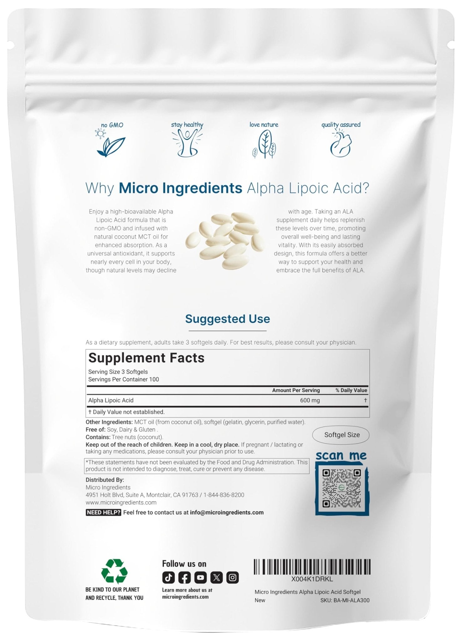 Micro Ingredients Alpha Lipoic Acid 600mg with MCT Oil, 300 Softgels | ALA Supplement for Liver, Antioxidants, Nerve, Cardiovascular Health Support - Maple Wellness Supplements