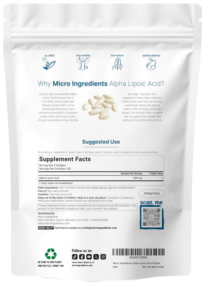 Micro Ingredients Alpha Lipoic Acid 600mg with MCT Oil, 300 Softgels | ALA Supplement for Liver, Antioxidants, Nerve, Cardiovascular Health Support - Maple Wellness Supplements