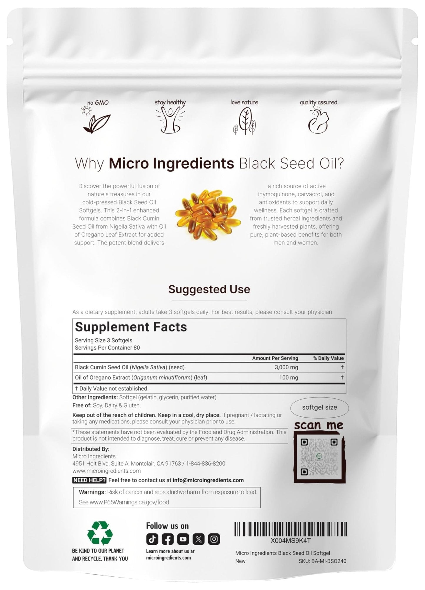 Micro Ingredients Black Seed Oil Softgels, 3,000mg, 240 Count | 2-in-1 Formula with Oil of Oregano, Carvacrol & Thymoquinone | - Maple Wellness Supplements