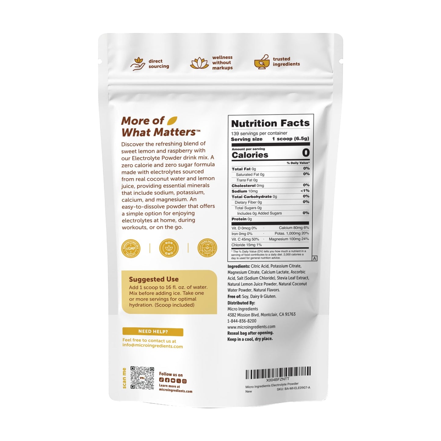 Micro Ingredients Electrolyte Powder, 2 lbs (139 Servings) | Lemon Raspberry Flavor | High Potassium (1,000mg) + Coconut Water & Real Lemon Juice - Maple Wellness Supplements