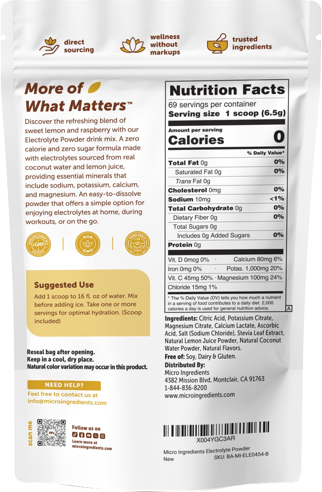 Micro Ingredients Hydration Electrolyte Powder, 1 lb (69 Servings) | Lemon Raspberry Flavor | High Potassium (1,000mg) + Coconut Water & Real Lemon Juice | No Sugar, Keto Friendly | Non-GMO - Maple Wellness Supplements