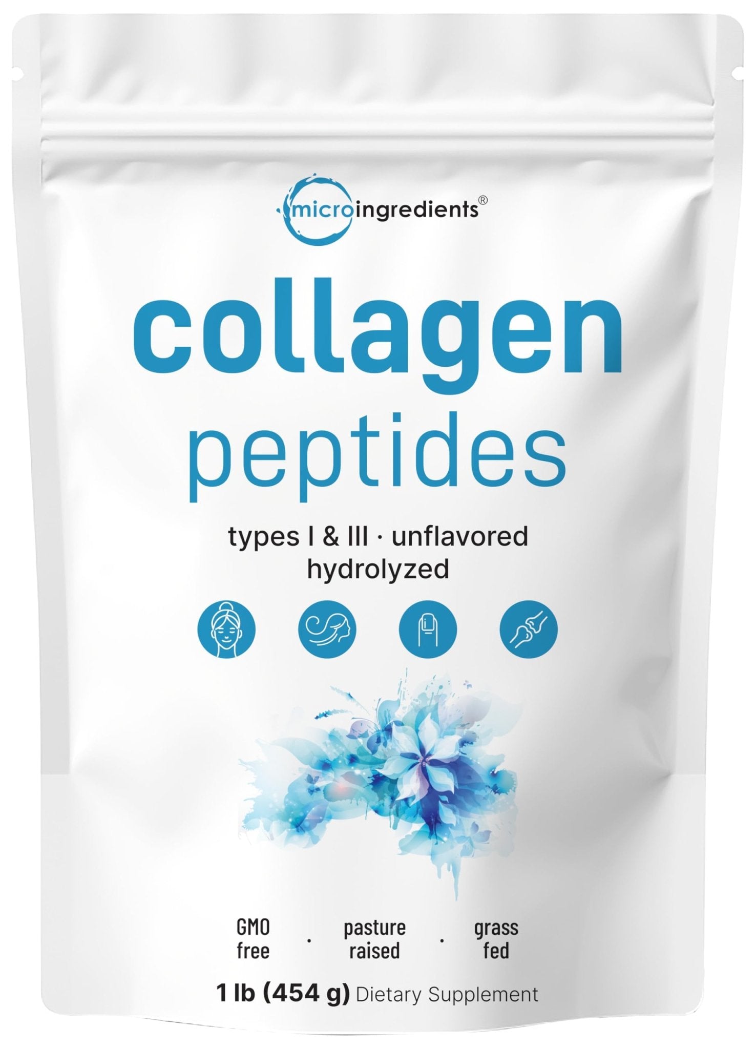 Micro Ingredients Hydrolyzed Collagen Peptides Powder, 1 lb | Type I & III Collagen for Women & Men | Unflavored Bovine Collagen Protein | Easy Dissolve, Paleo, Non-GMO - Maple Wellness Supplements