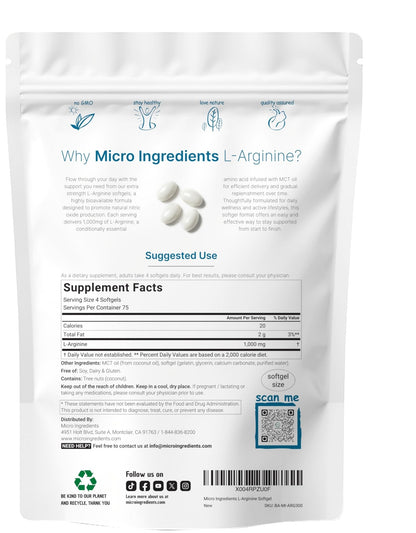 Micro Ingredients L-Arginine 1000mg with MCT Oil, 300 Softgels | Nitric Oxide Precursor* for Men & Women | Extra Strength Amino Acid Formula for Daily Wellness - Maple Wellness Supplements