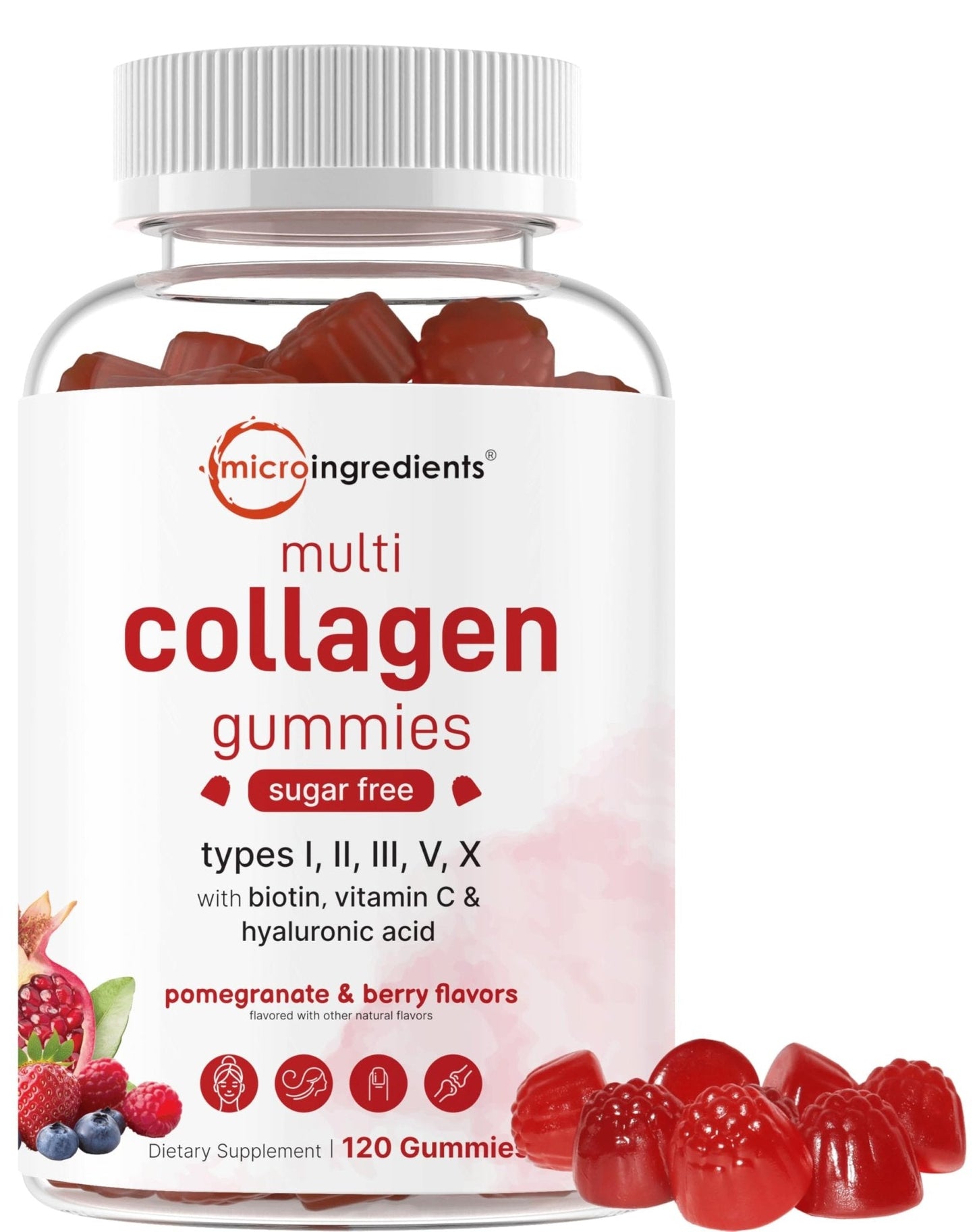 Micro Ingredients Multi Collagen Peptides, 120 Collagen Gummies | Type I,II,III,V,X Protein with Biotin, Hyaluronic Acid, & Vitamin C Complex | Pomegranate & Berry Flavored - Maple Wellness Supplements