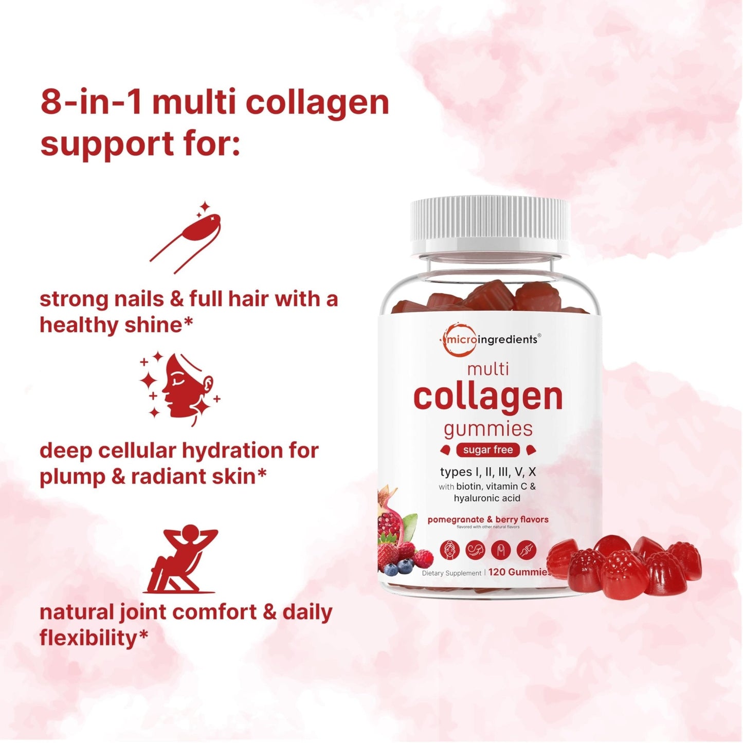 Micro Ingredients Multi Collagen Peptides, 120 Collagen Gummies | Type I,II,III,V,X Protein with Biotin, Hyaluronic Acid, & Vitamin C Complex | Pomegranate & Berry Flavored - Maple Wellness Supplements