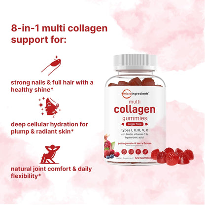 Micro Ingredients Multi Collagen Peptides, 120 Collagen Gummies | Type I,II,III,V,X Protein with Biotin, Hyaluronic Acid, & Vitamin C Complex | Pomegranate & Berry Flavored - Maple Wellness Supplements