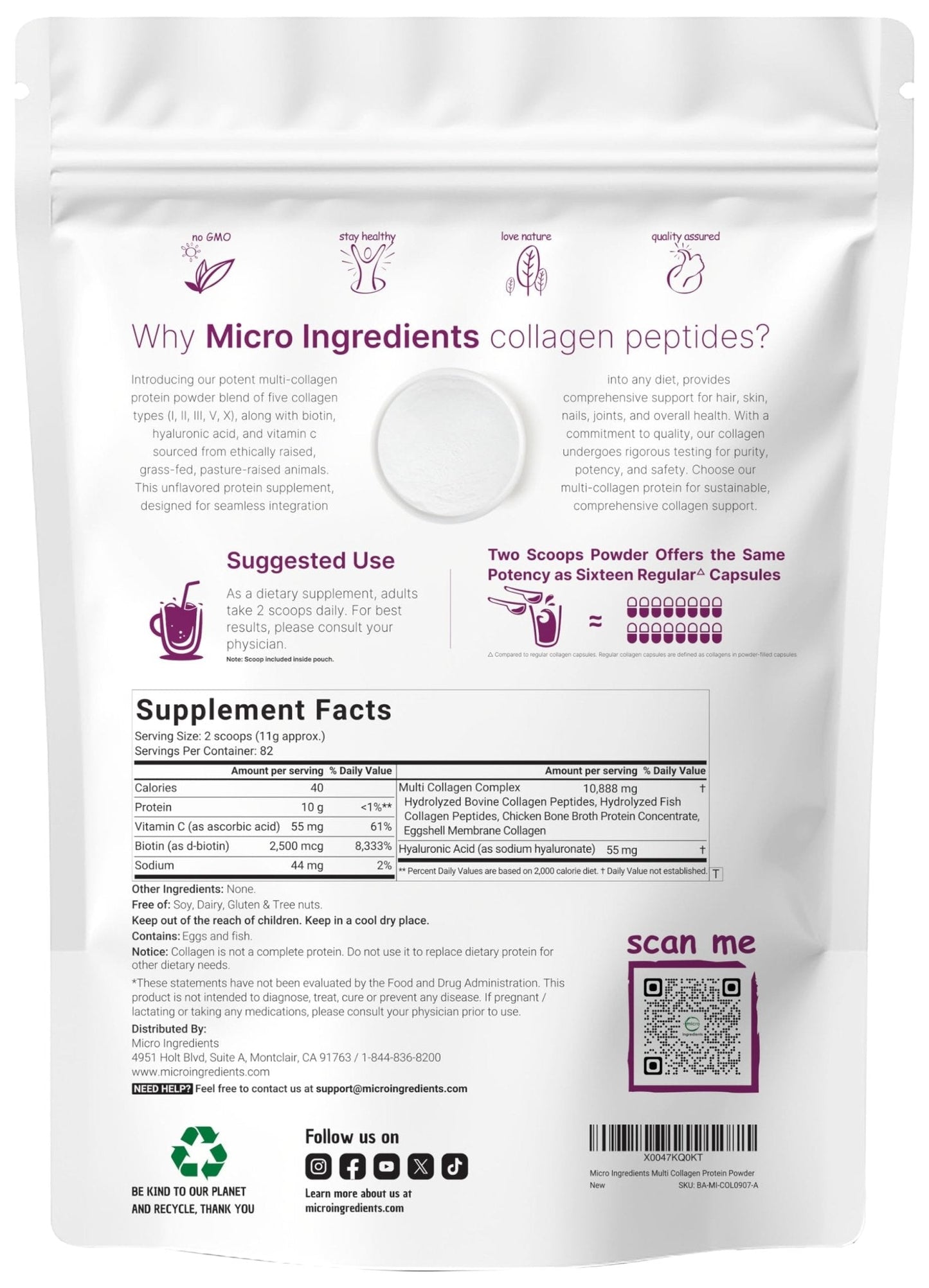 Micro Ingredients Multi Collagen Peptides Powder, 2lb – Hydrolyzed Type I,II,III,V,X with Biotin, Hyaluronic Acid, Vitamin C – Unflavored Collagen for Women & Men - Maple Wellness Supplements