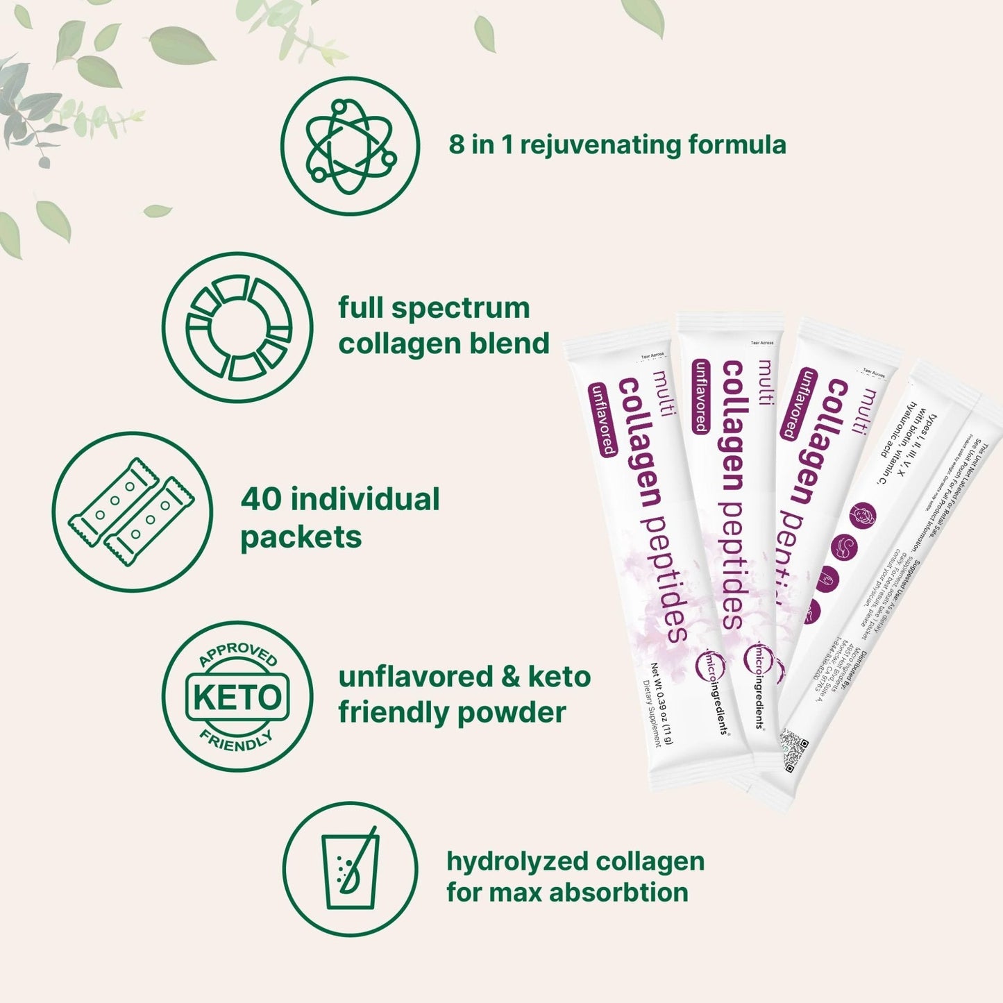Micro Ingredients Multi Collagen Peptides Powder, 40 Stick Packs | Type I, II, III, V, X + Biotin, Vitamin C & Hyaluronic Acid | Unflavored - Maple Wellness Supplements