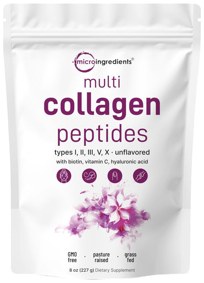 Micro Ingredients Multi Collagen Peptides Powder, 8oz – Hydrolyzed Type I,II,III,V,X with Biotin, Hyaluronic Acid, Vitamin C – Unflavored Collagen for Women & Men, Easy Dissolve, 20 Servings - Maple Wellness Supplements
