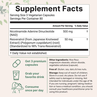 Micro Ingredients NAD+ 500mg with Resveratrol, 240 Veggie Capsules | 2-in-1 NAD Supplement for Women & Men | NMN Pathway Alternative | Non-GMO, Gluten Free - Maple Wellness Supplements