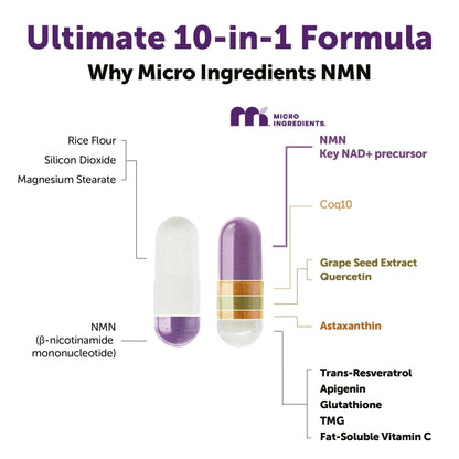 Micro Ingredients NMN Complex 1000mg Per Serving, 120 Veggie Capsules | 10-in-1 with Nicotinamide Mononucleotide, Resveratrol, CoQ10, Quercetin & Glutathione - Maple Wellness Supplements