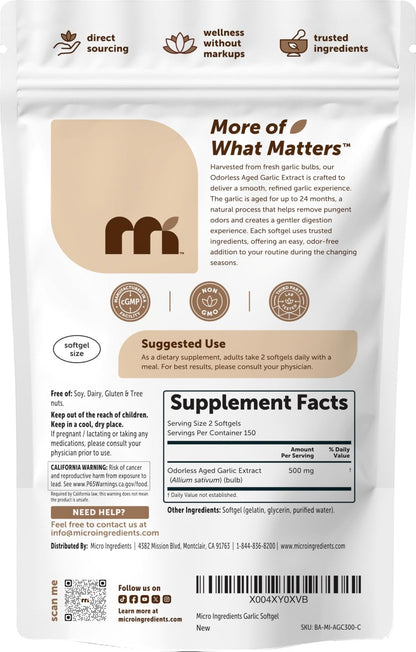 Micro Ingredients Odorless Garlic, 300 Softgels | 2 Years Aged Garlic Extract | Grown Allium Sativum Bulb - Maple Wellness Supplements