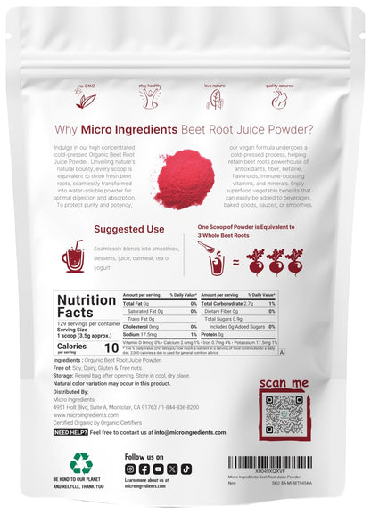 Micro Ingredients Organic Beet Root Juice Powder, 1 Pound | Cold Pressed, Water Soluble, High Concentrated Raw Beet Supplement | Superfood Drink Mix - Maple Wellness Supplements