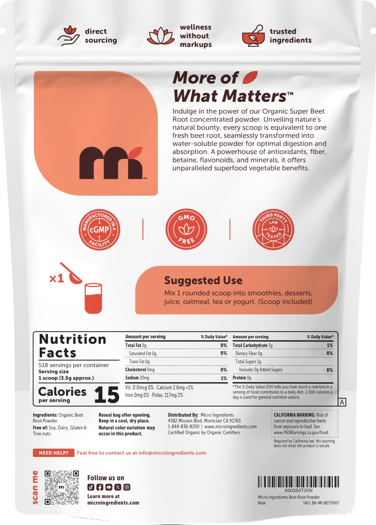 Micro Ingredients Organic Beet Root Powder, 4 Pounds | Cold Pressed, Water Soluble, High Concentrated Raw Beetroot Supplement | Natural Nitric Oxide Superfood Drink Mix - Maple Wellness Supplements