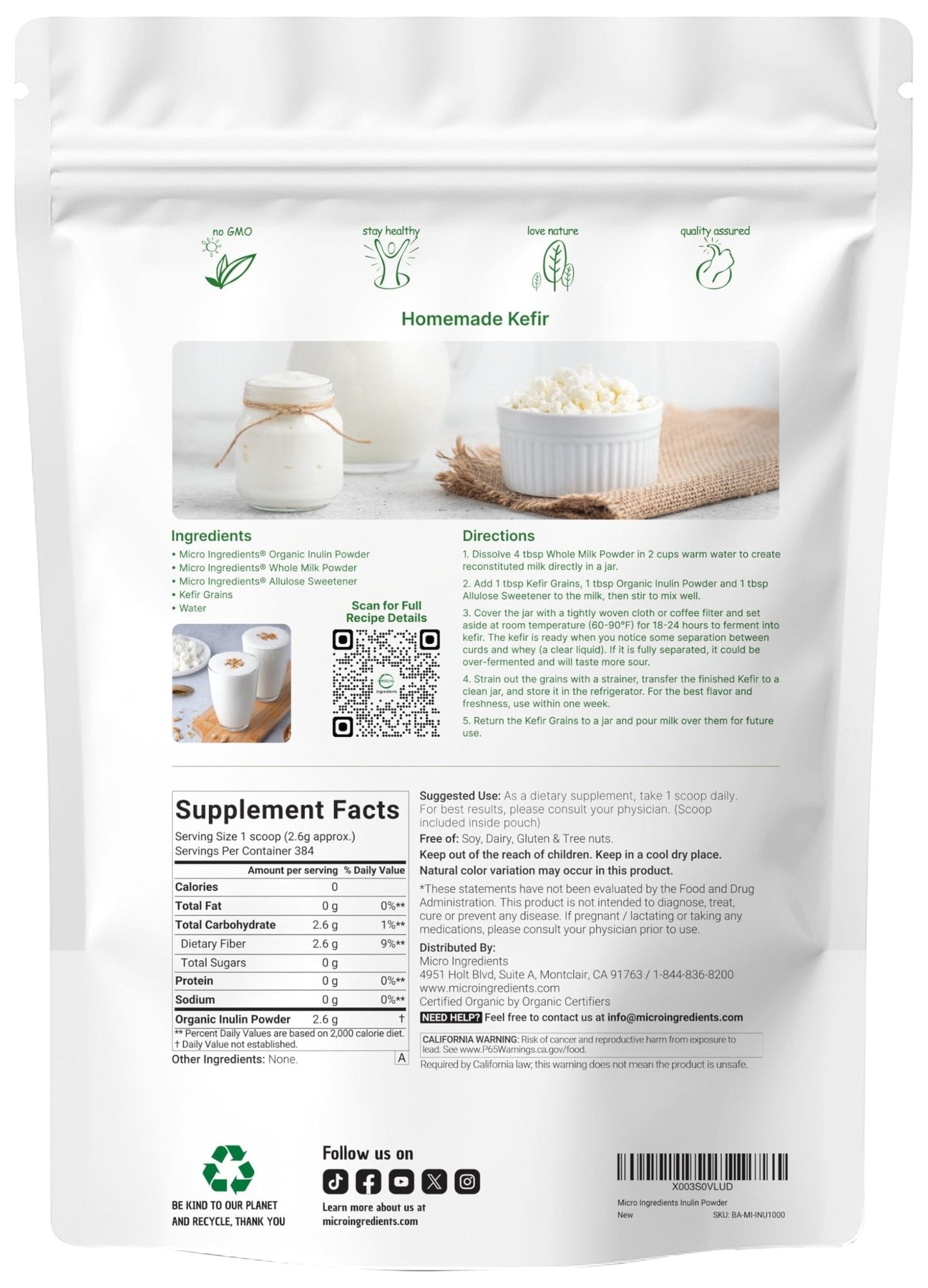 Micro Ingredients Organic Inulin FOS Fiber Powder, 2.2 lbs | Quick Water-Soluble Prebiotic | Natural Fiber for Smoothies & Drinks | Vegan Friendly, Dissolves Clear - Maple Wellness Supplements