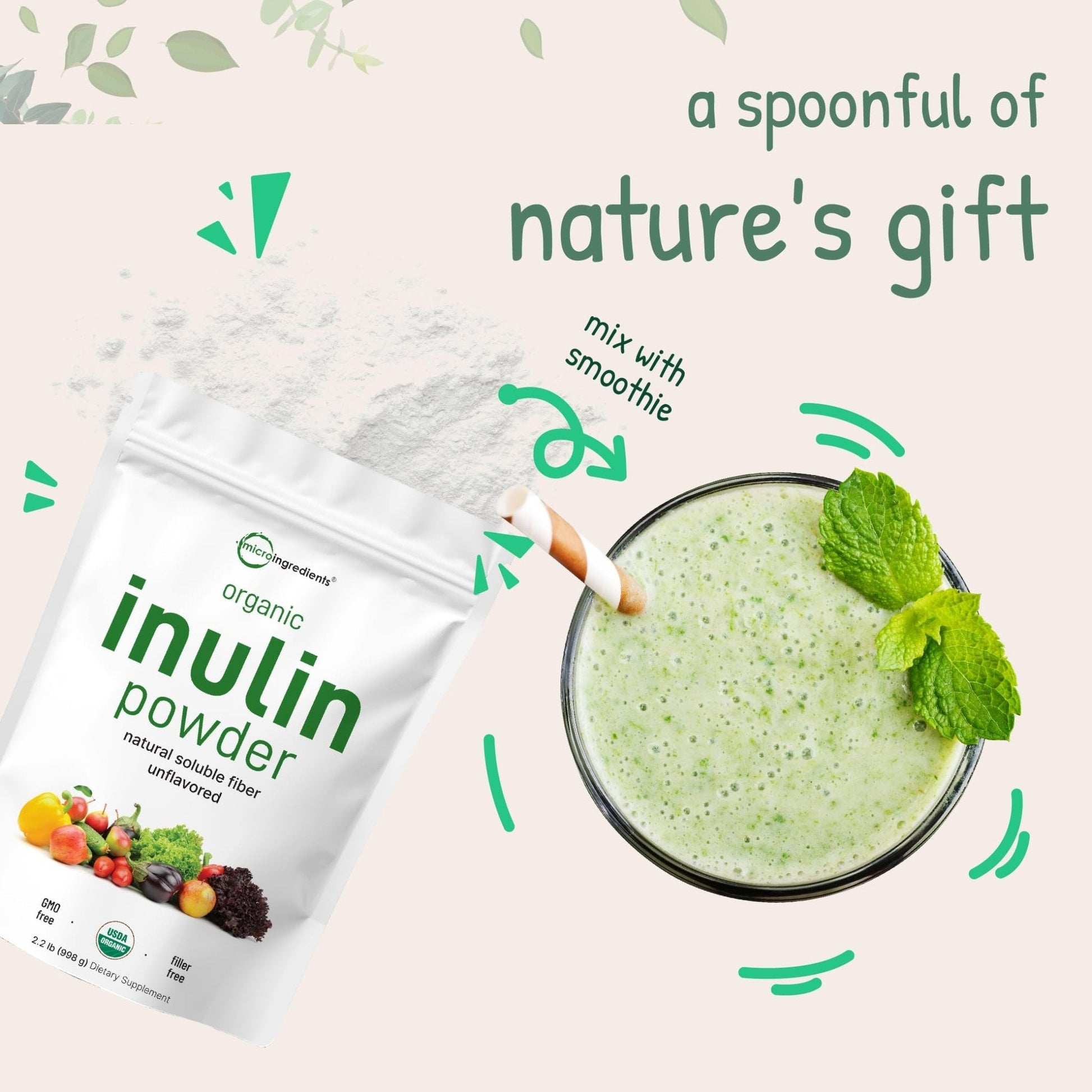 Micro Ingredients Organic Inulin FOS Fiber Powder, 2.2 lbs | Quick Water-Soluble Prebiotic | Natural Fiber for Smoothies & Drinks | Vegan Friendly, Dissolves Clear - Maple Wellness Supplements