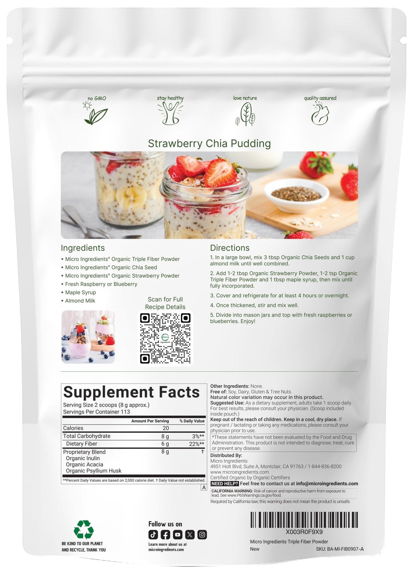 Micro Ingredients Organic Triple Fiber Powder, 2lb | Natural Prebiotic to Support Digestive & Gut Health - Maple Wellness Supplements