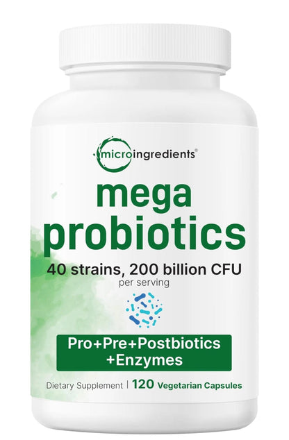 Micro Ingredients Probiotics 200 Billion CFU, 120 Veggie Capsules | Mega Probiotics for Men & Women | 40 Strains with Prebiotics, Postbiotics & Digestive Enzymes | Gut, Immune & Digestive Health - Maple Wellness Supplements