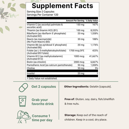 Micro Ingredients Pure Methylated B Complex, 240 Capsules | 11-in-1 Formula with Methylfolate, B12, Thiamin, Inositol, Choline, & Fat Soluble Vitamin C - Maple Wellness Supplements