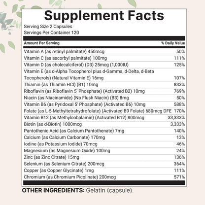 Micro Ingredients Pure Methylated Multivitamin, 240 Capsules | 19-in-1 Formula with Vitamins C, D, B12, Folate, Magnesium - Maple Wellness Supplements