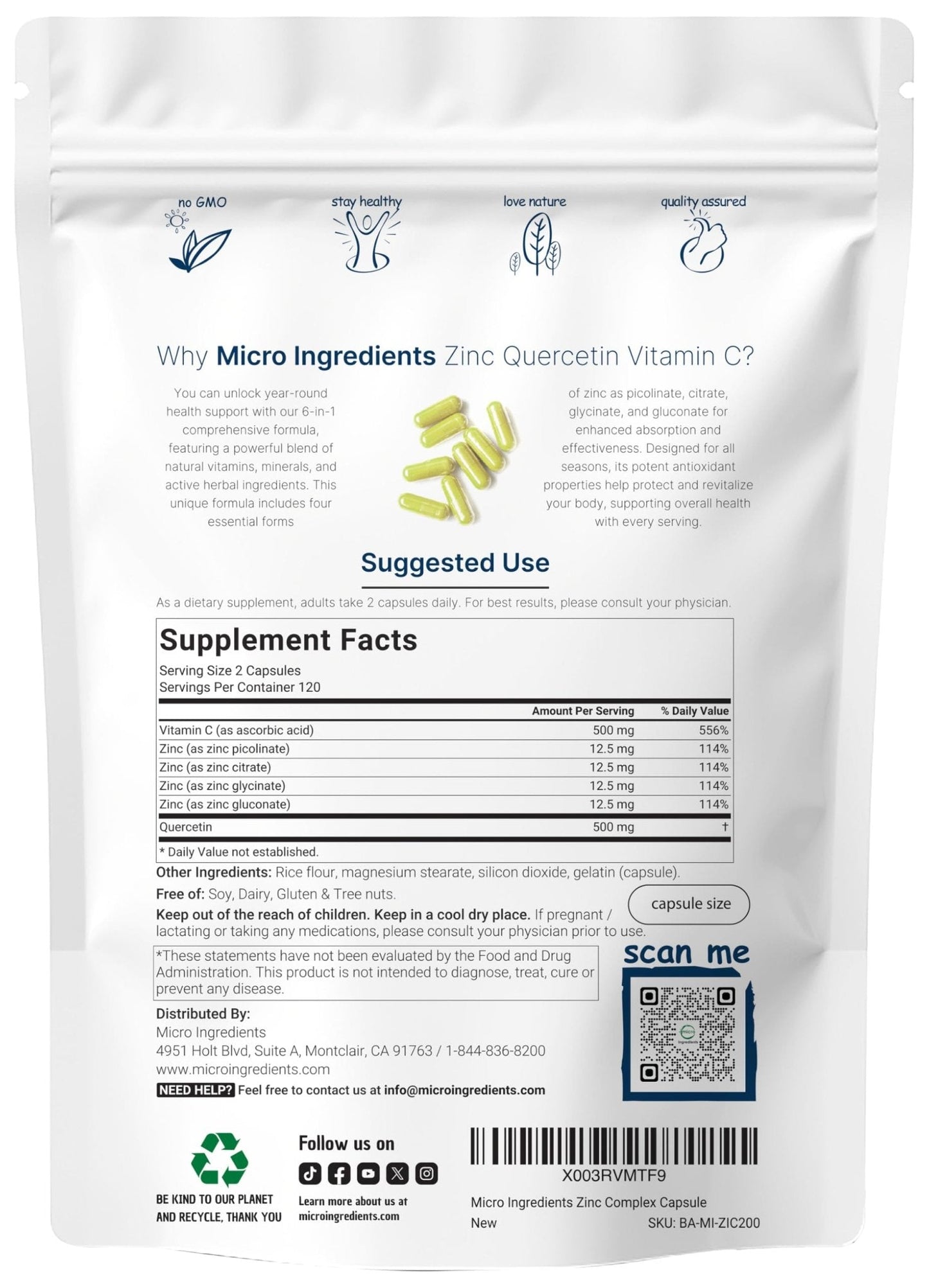 Micro Ingredients Quercetin with Vitamin C and Zinc, 240 Capsules | Quercetin 500mg, Vitamin C 500mg, Zinc 50mg (Picolinate, Citrate, Glycinate, Gluconate) - Maple Wellness Supplements