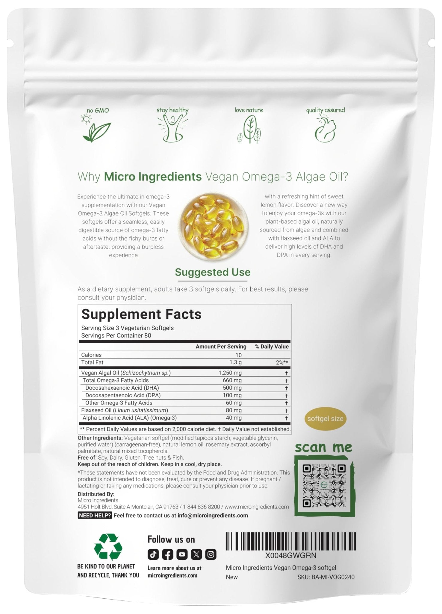 Micro Ingredients Vegan Omega 3 Algae Oil, 240 Veggie Softgels | Fish Oil Alternative | DHA 500mg & DPA 100mg | Carrageenan Free | Plant-Based Omega 3 - Maple Wellness Supplements
