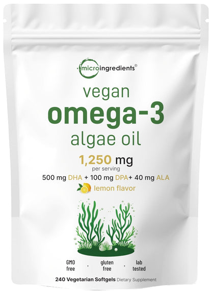 Micro Ingredients Vegan Omega 3 Algae Oil, 240 Veggie Softgels | Fish Oil Alternative | DHA 500mg & DPA 100mg | Carrageenan Free | Plant-Based Omega 3 - Maple Wellness Supplements
