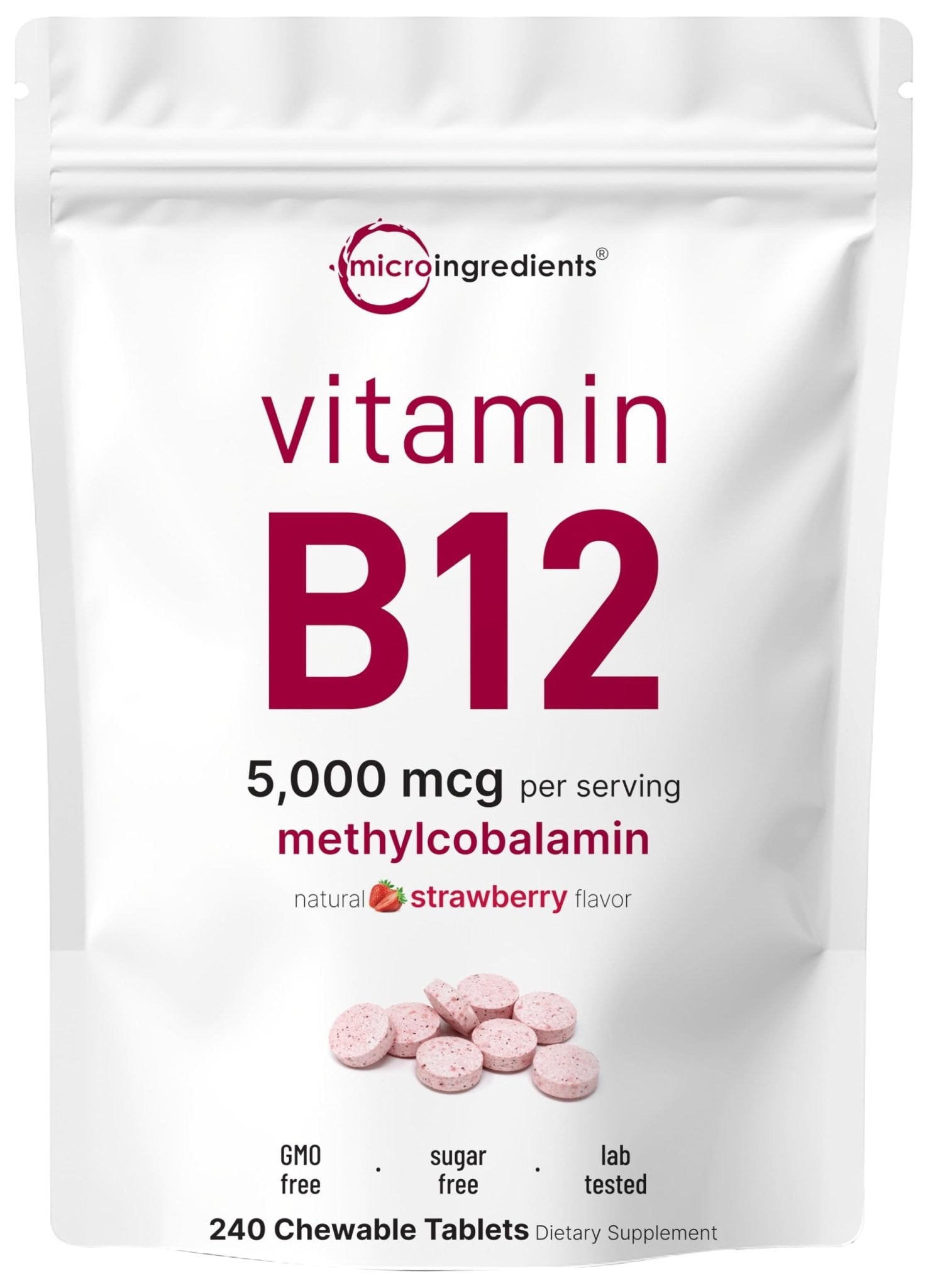 Micro Ingredients Vitamin B12 5,000 mcg | Methylcobalamin – 240 Chewable Tablets | Fast Dissolve, Natural Strawberry Flavor - Maple Wellness Supplements