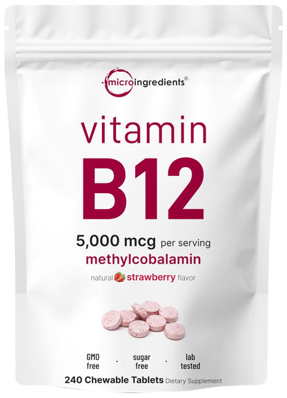 Micro Ingredients Vitamin B12 5,000 mcg | Methylcobalamin – 240 Chewable Tablets | Fast Dissolve, Natural Strawberry Flavor - Maple Wellness Supplements